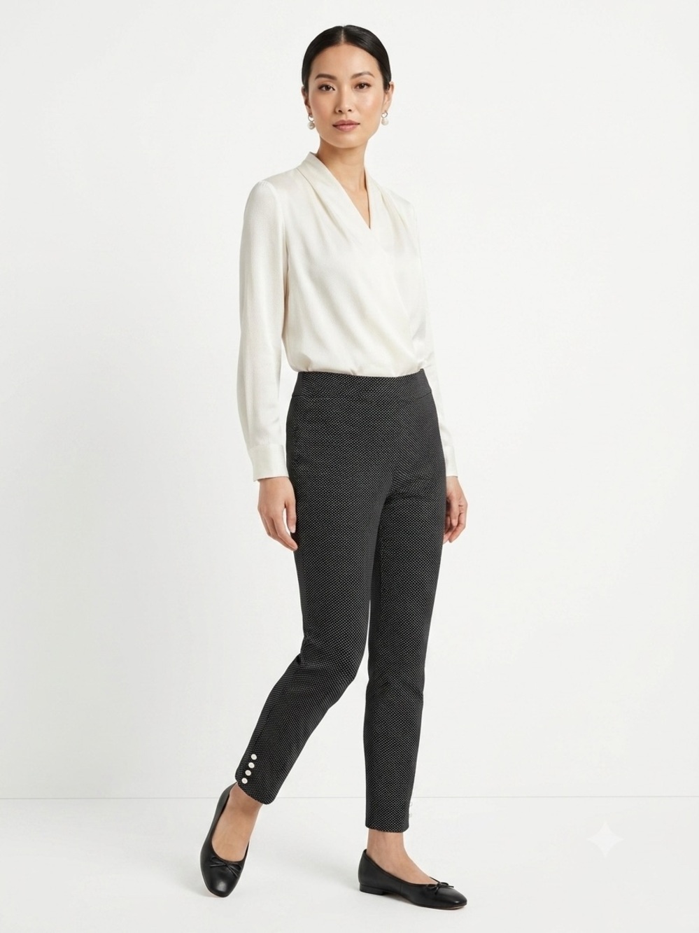 89th & Madison Black Micro Dot Ankle Pants M Pearl Button Stretch